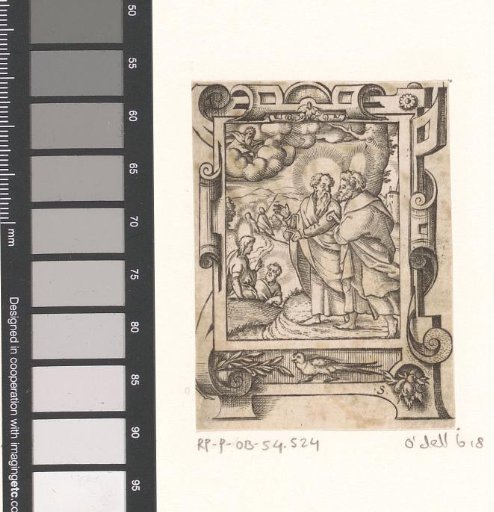 God the Father addressing the apostles in a scrollwork frame