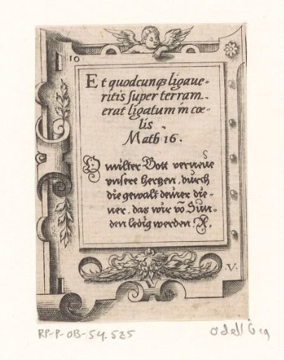 Prayer in Latin and German in a scrollwork frame