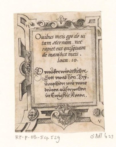 Prayer in Latin and German in a scrollwork frame