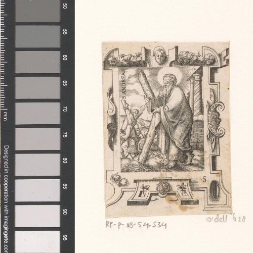 Saint Andrew in a strapwork frame
