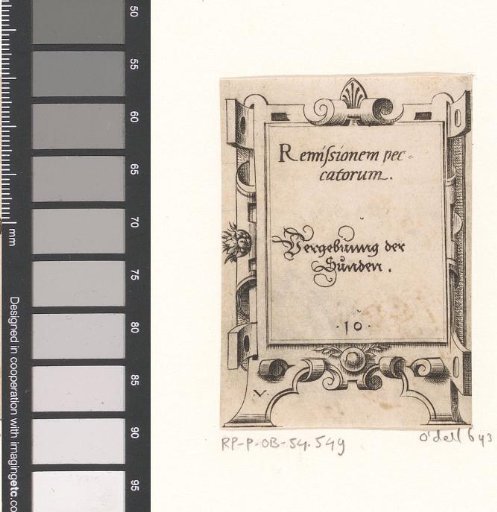 Prayer in Latin and German in a scrollwork frame