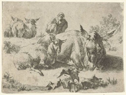 Shepherdess with a Donkey and Three Sheep