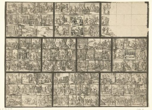 Sheet with dozens of small depictions of a legal nature (illustrations for 'Ars magna et admirabilis (...) Pandectarum tituli (...) ope figurarum emblematicarum'?)
