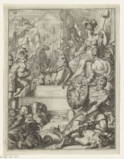 Allegorical representation with a crowned woman in armor