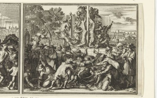 The mutilated corpses of the De Witt brothers on the scaffold, 1672