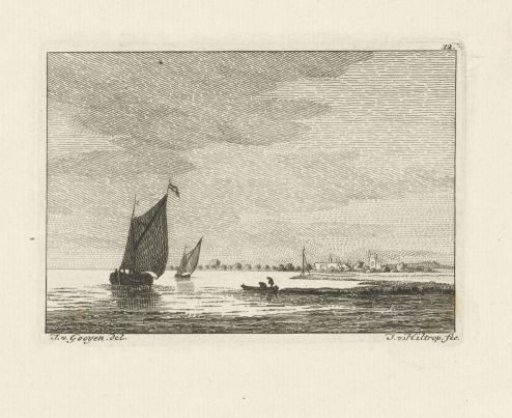 River view with sailing ships and a skiff