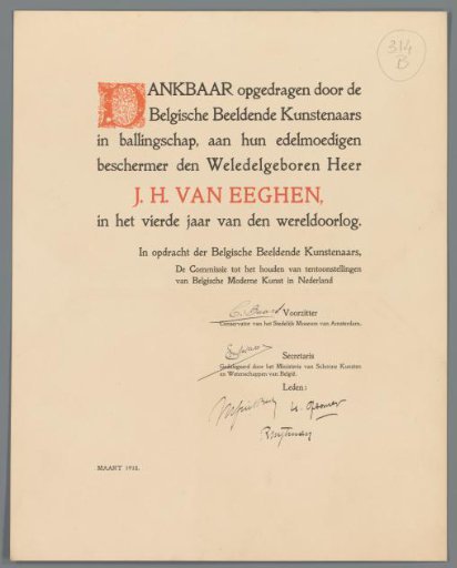 Presentation to J.H. van Eeghen by Belgian visual artists in exile