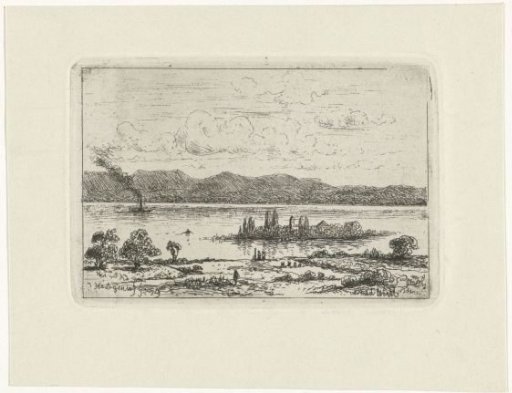 Steamship by a river island