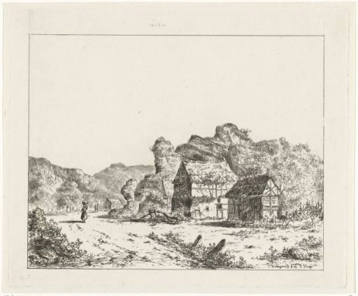 Woman on a path by a house and barn