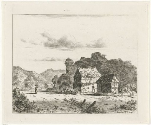 Woman on a path by a house and barn