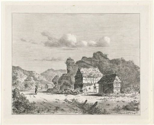 Woman on a path by a house and barn