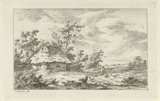 Man with a rake by a barn