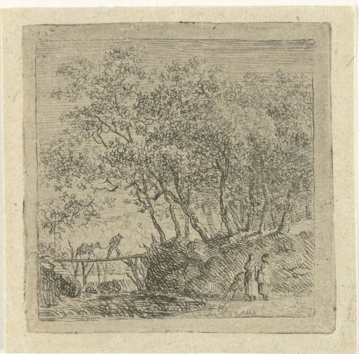 Landscape with man and donkey on a wooden bridge