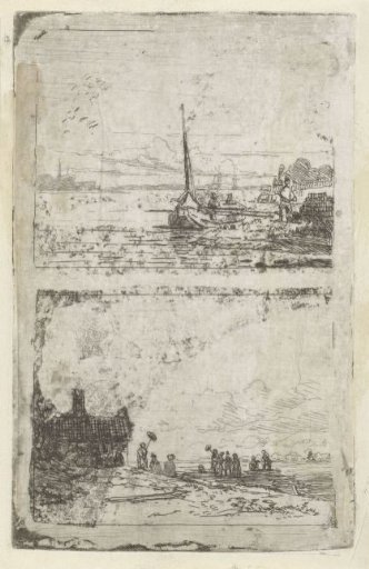 Two views: ship and group on a shore