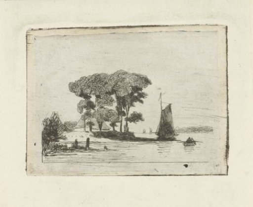River landscape with sailing ship and trees