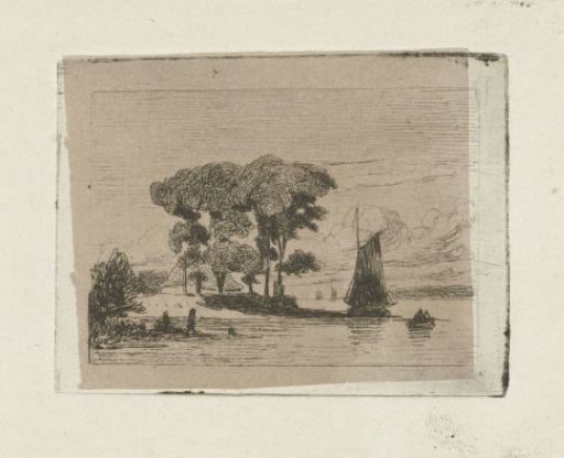 River landscape with sailing boat and trees