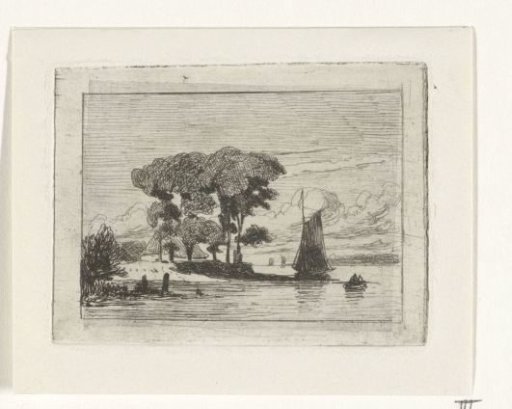 River landscape with sailing ship and trees
