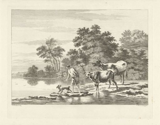 Man with two oxen and a dog
