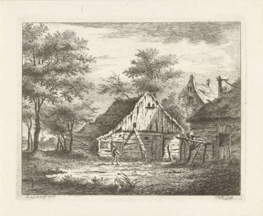 Figure by a barn