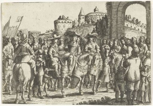 Horsemen and foot soldiers at a city gate