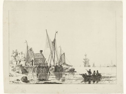 River landscape with moored sailing ships