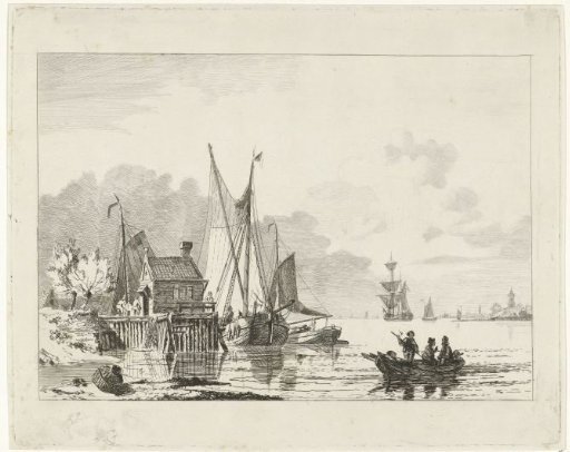 River landscape with moored sailing ships