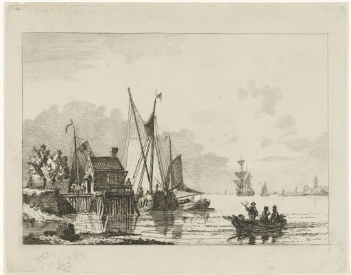 River landscape with moored sailing ships