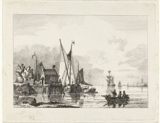 River landscape with moored sailing ships
