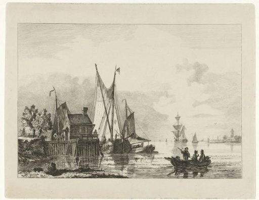 River landscape with moored sailing ships
