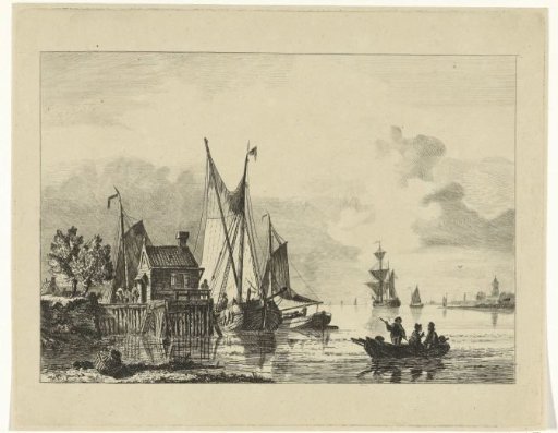 River landscape with moored sailing ships