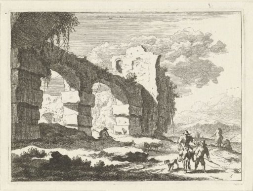 Landscape with ruin and shepherd on donkey