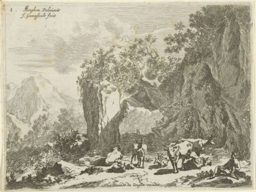 Mountain landscape with shepherd, shepherdess and cattle