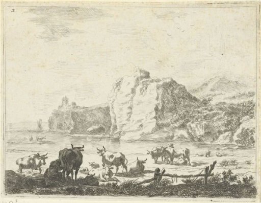 River landscape with shepherds and cows