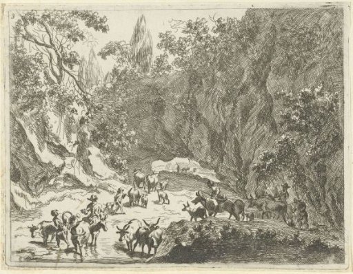 Mountain landscape with shepherds and cattle