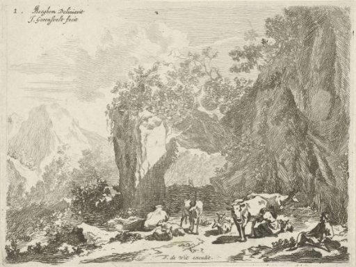 Mountain landscape with shepherd, shepherdess and cattle