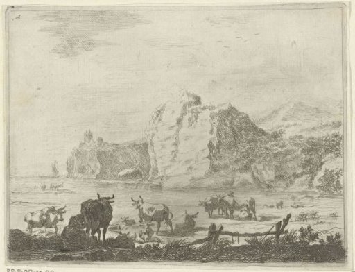 River landscape with shepherds and cows