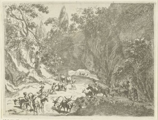Mountain landscape with shepherds and cattle