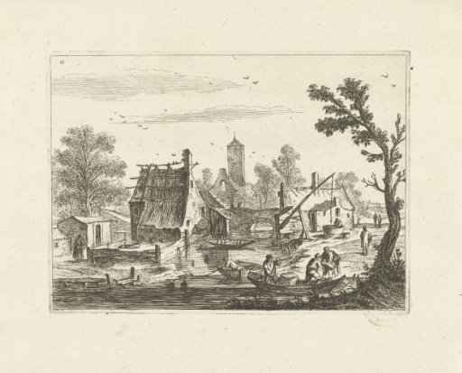 Landscape with village on river