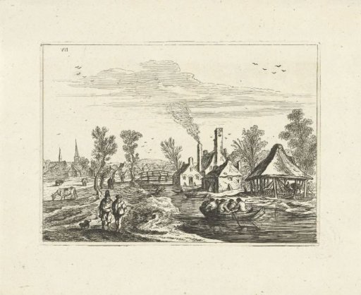 Landscape with village on river