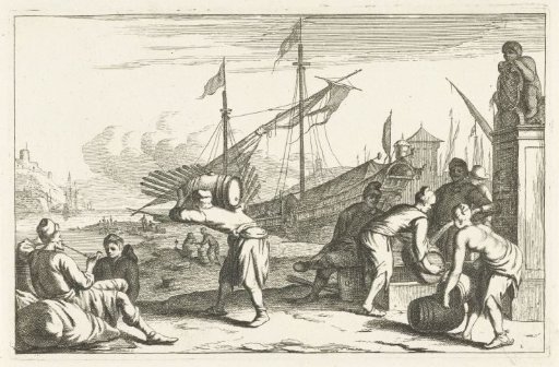 Harbour with merchants by fountain