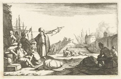 Harbour with merchants and man with turban