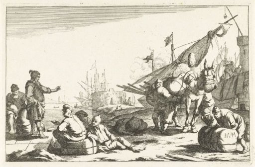 Harbour with merchants and pack donkey