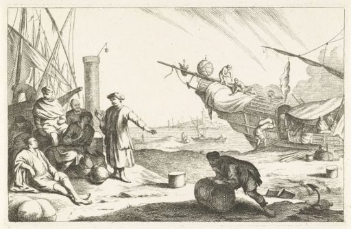 Harbour with merchants and sailing ships