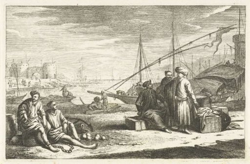 Harbour with merchants and prisoners