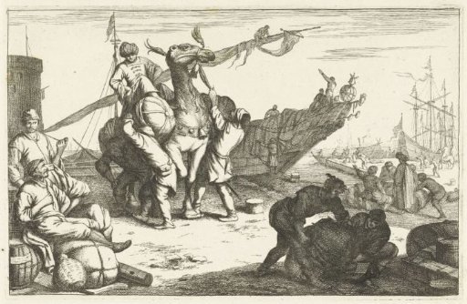 Harbour with merchants and camel