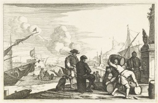 Harbour with merchants and cargo