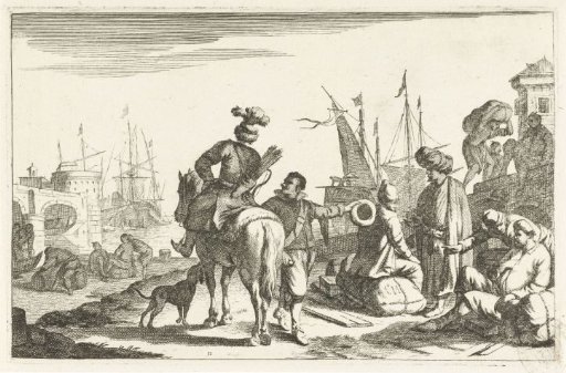 Harbour with merchants and a rider