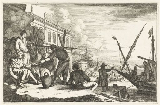 Harbour with merchants by a fire