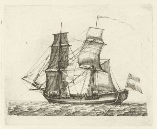 Two-masted Ship with Flag and Figures