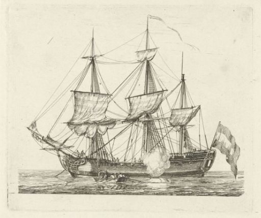 Three-masted Ship with Flag and a Rowing Boat